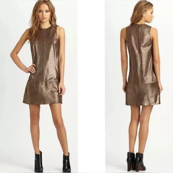 $1000 Vince Metallic Paper Leather Suede Mini Sleeveless Dress Bronze Brown Size - Picture 1 of 16